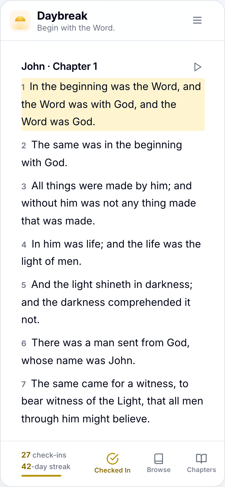 Daybreak app — reading John Chapter 1 with a verse highlighted